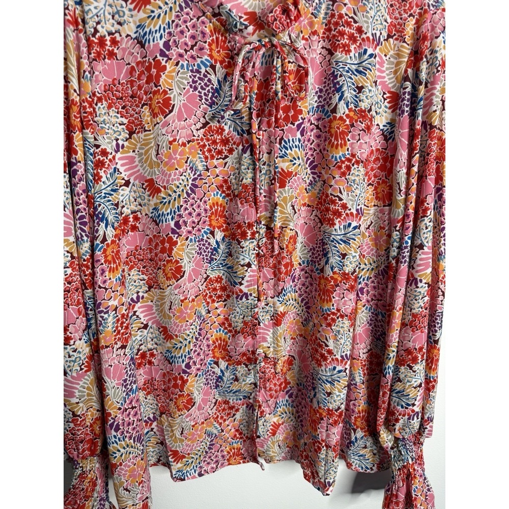 Floral Tie Neck Boho Blouse Ruffle Smocked Sleeve Peasant 2XL Artsy Romantic - Picture 7 of 9